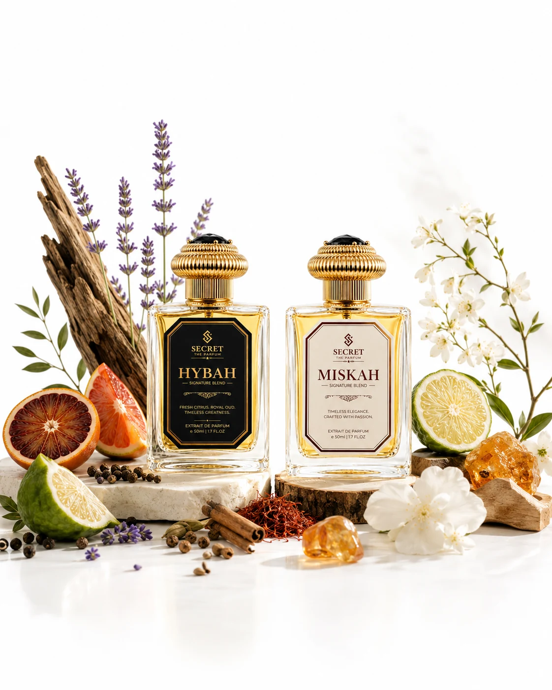 HYBAH and MISKAH bottles photographed with blood orange, lavender, saffron and driftwood